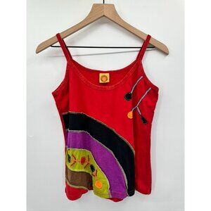 Karma Circle Red Cotton Embroidered Tank Top With Colorful Patchwork Design